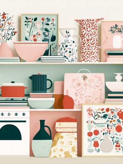 Pastel Kitchen Still Life Illustration Poster.