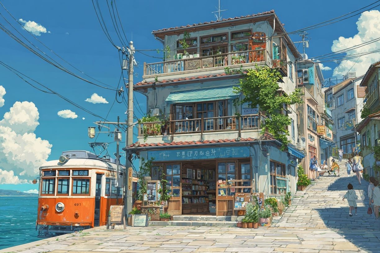 Seaside Tram Street Illustration Poster. poster detail