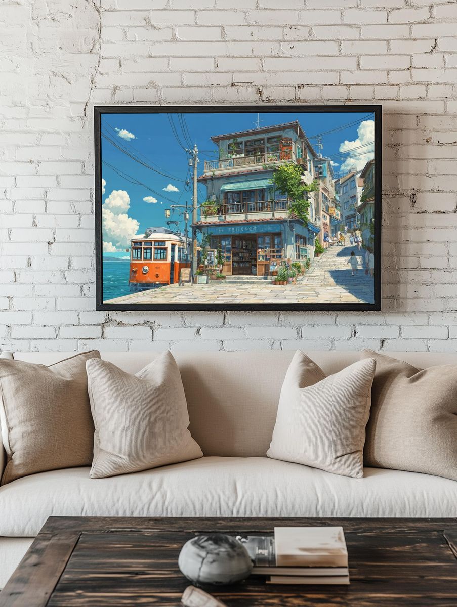 Seaside Tram Street Illustration Poster room preview
