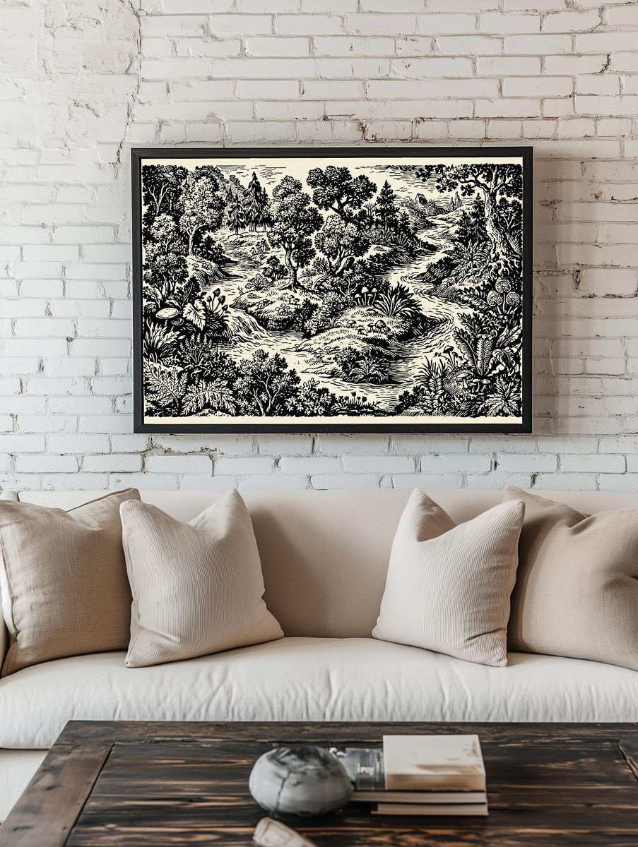 Woodland Stream Ink Illustration Poster. room preview