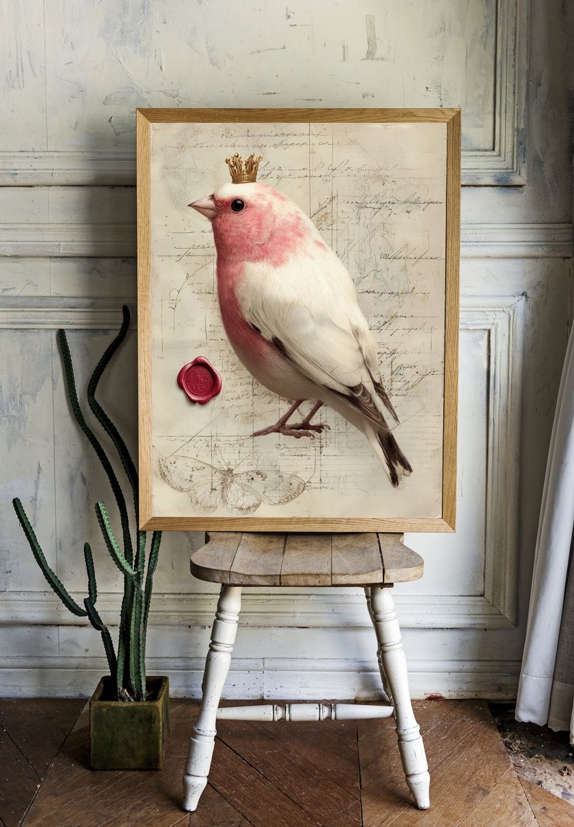 Crowned Pink Bird Illustration Poster. room preview