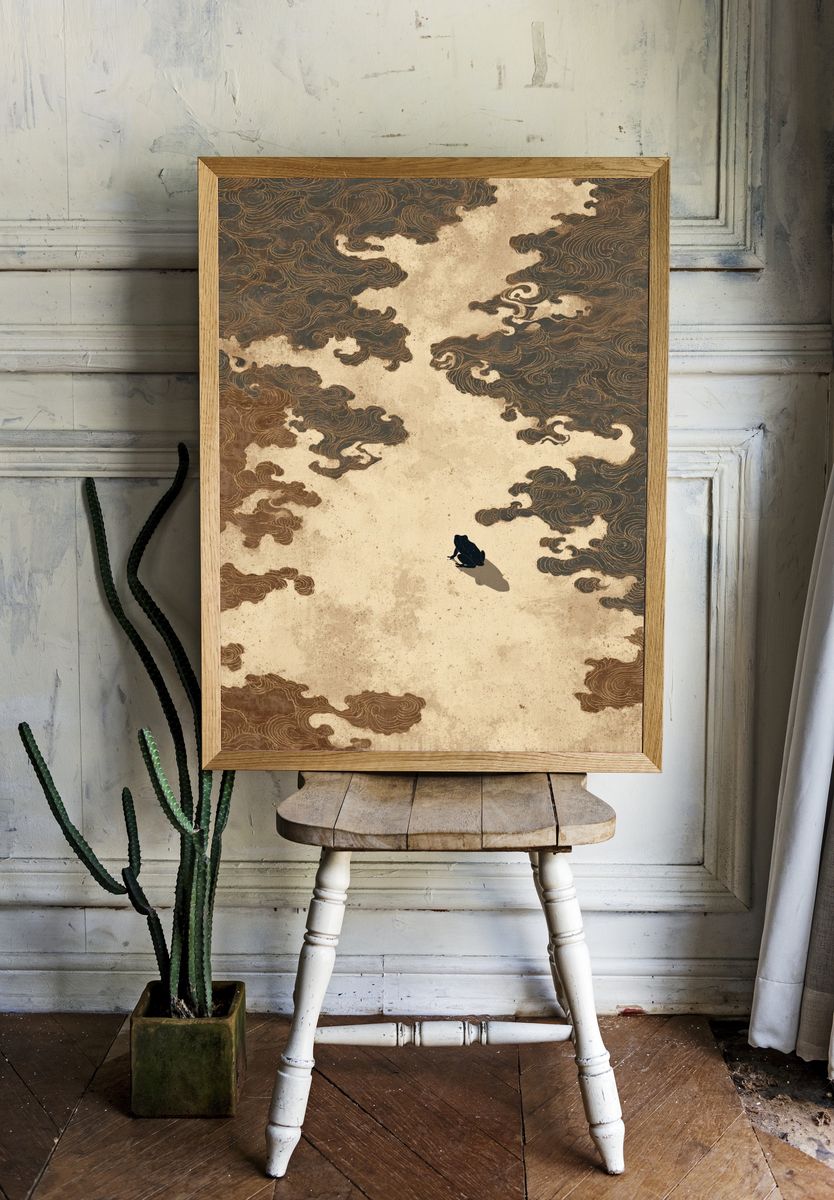 Frog in Cloudscape Illustration Poster. — room view 1