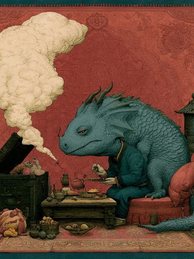 Dragon Tea Ceremony Surrealism Poster. poster