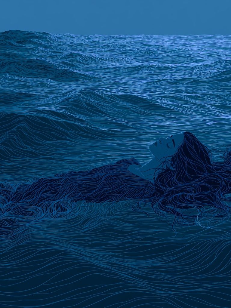 Floating Woman in Blue Sea Print. poster — illustration art