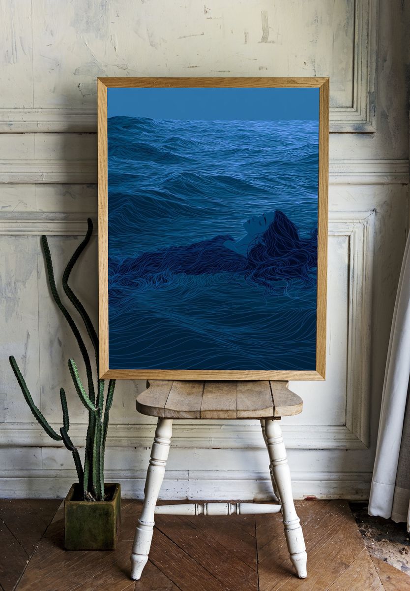 Floating Woman in Blue Sea Print. room preview