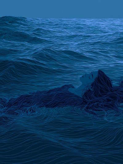 Floating Woman in Blue Sea Print. poster