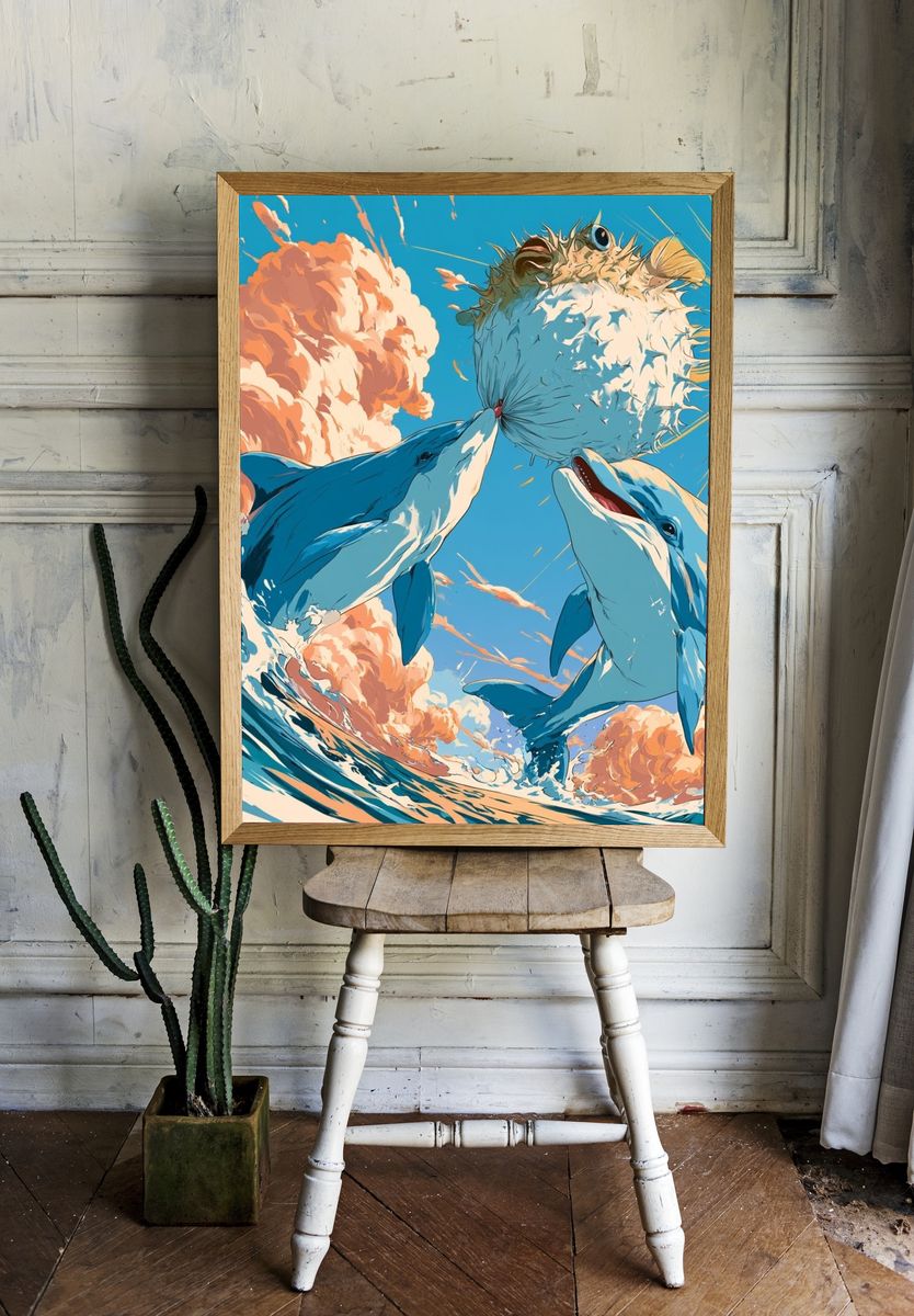Dolphins and Pufferfish Ocean Print. — room view 1