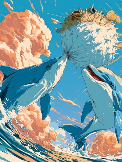 Dolphins and Pufferfish Ocean Print.