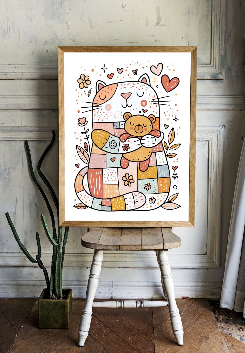 Patchwork Cat and Bear Illustration Poster. — room view 1
