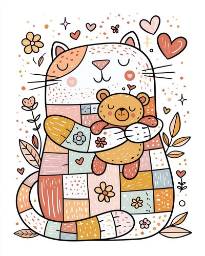 Patchwork Cat and Bear Illustration Poster. poster print