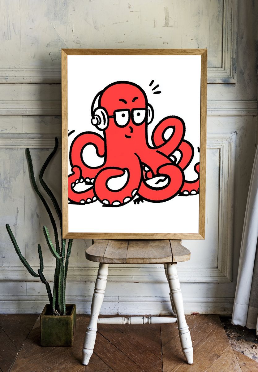 Red Octopus Cartoon Poster. — room view 1
