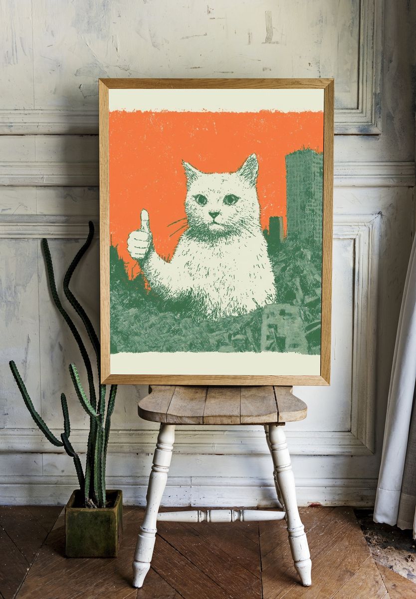Thumbs Up Cat Retro Illustration Poster. — room view 1