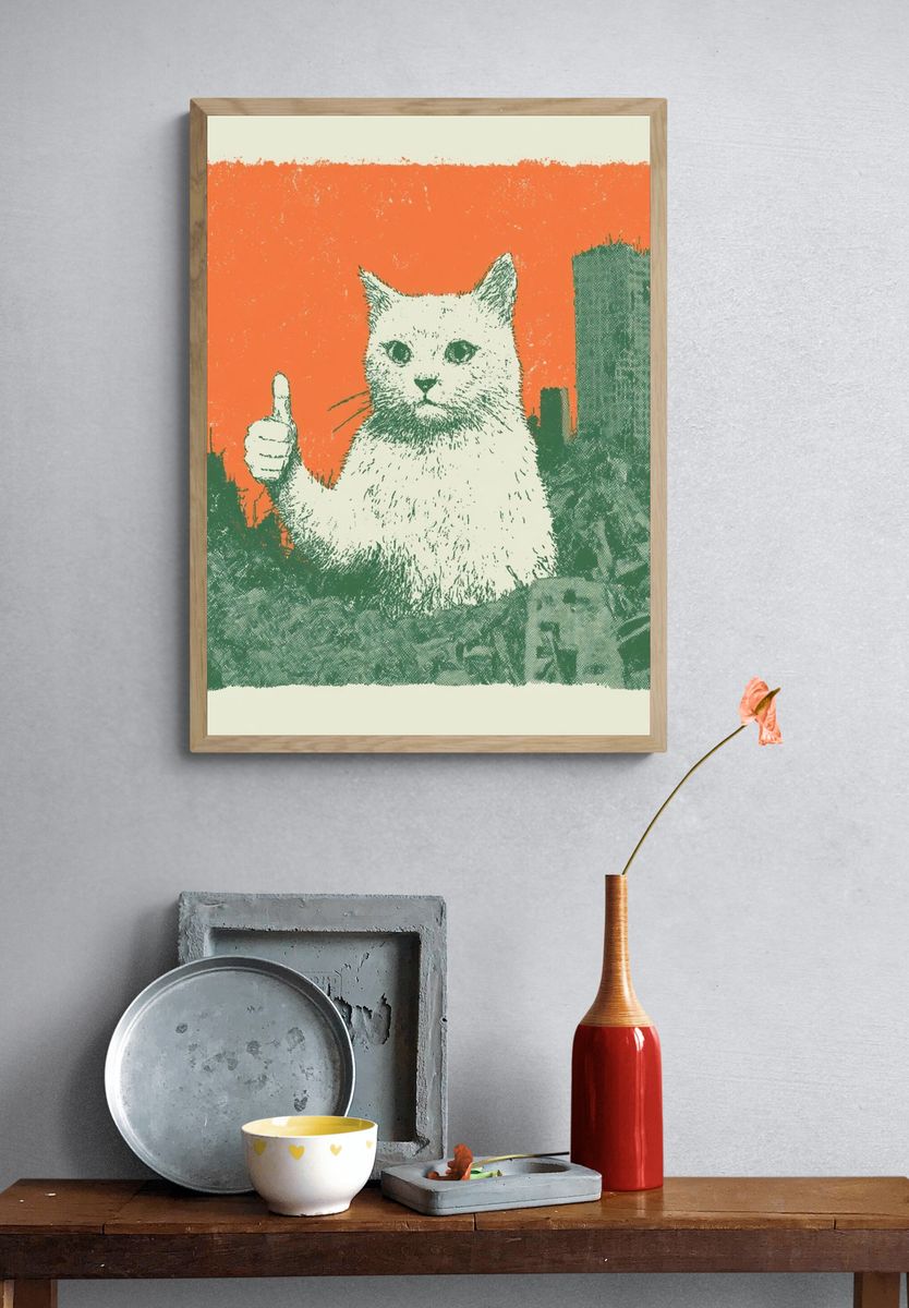 Thumbs Up Cat Retro Illustration Poster. — room view 3
