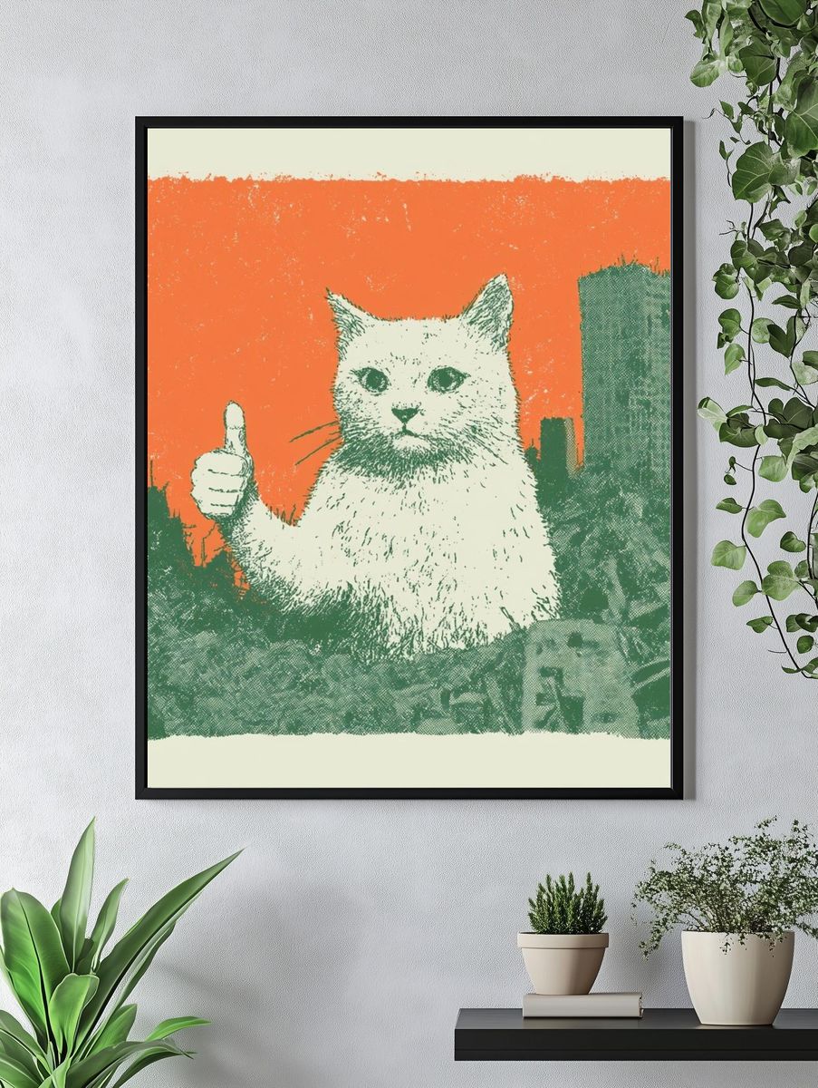 Thumbs Up Cat Retro Illustration Poster. — room view 4