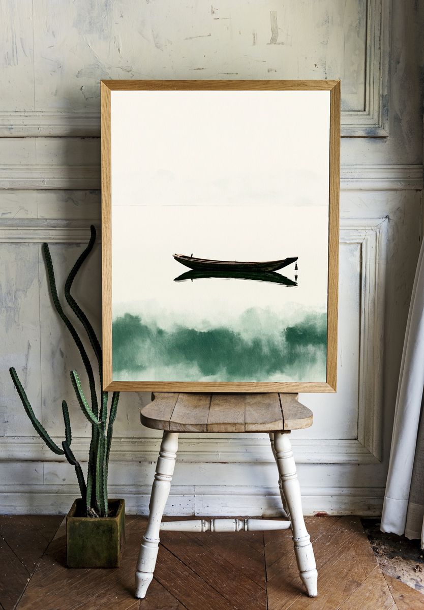 Solitary Boat Watercolor Print. — room view 1
