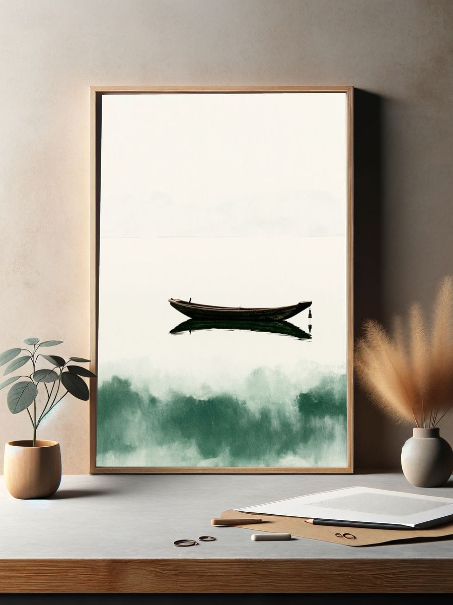 Solitary Boat Watercolor Print. — room view 2