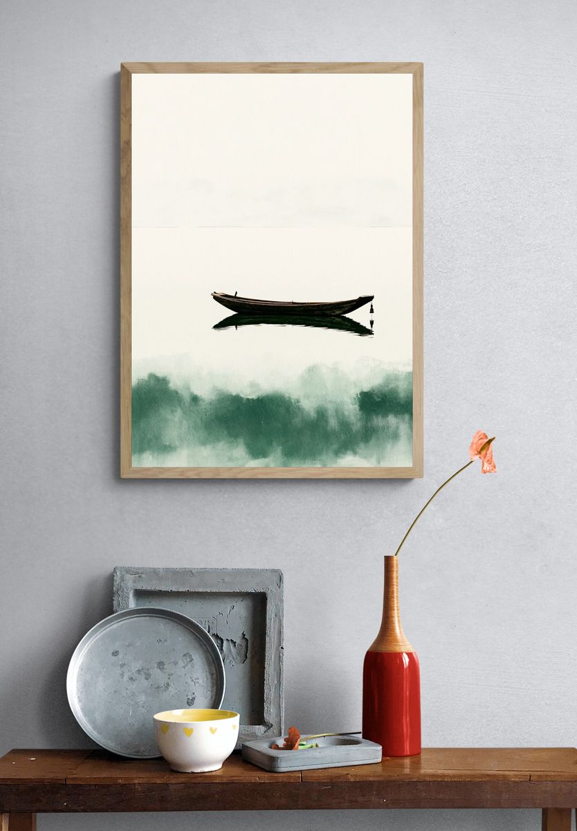 Solitary Boat Watercolor Print. — room view 3