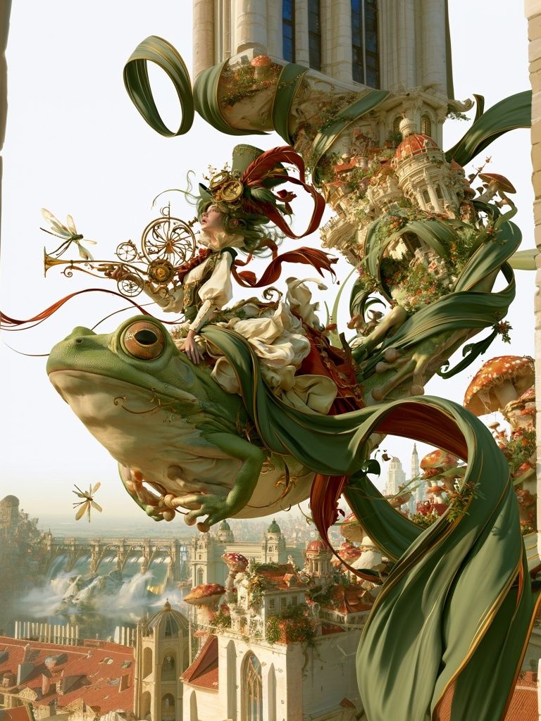 Frog Rider Fantasy Cityscape Print. poster detail