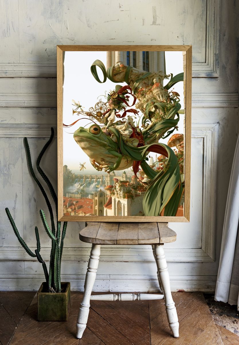 Frog Rider Fantasy Cityscape Print. — room view 1