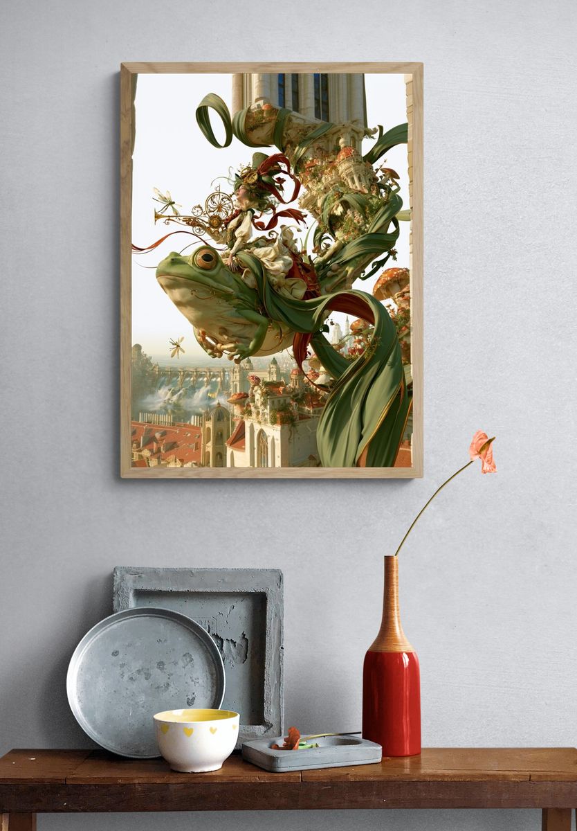 Frog Rider Fantasy Cityscape Print. — room view 3