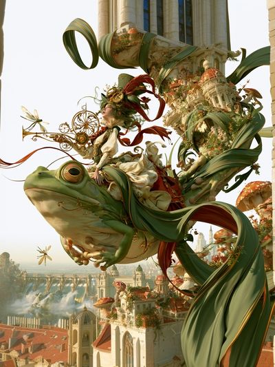 Frog Rider Fantasy Cityscape Print. poster