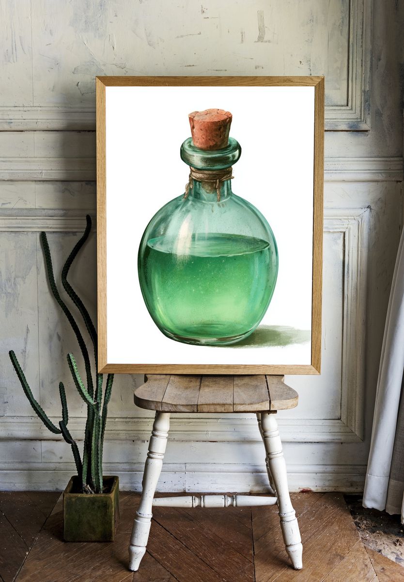 Green Glass Bottle Illustration Poster. — room view 1
