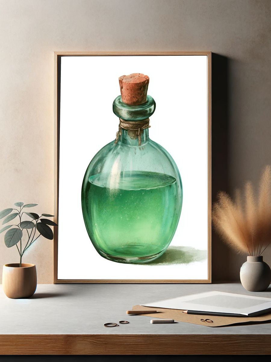 Green Glass Bottle Illustration Poster. — room view 2