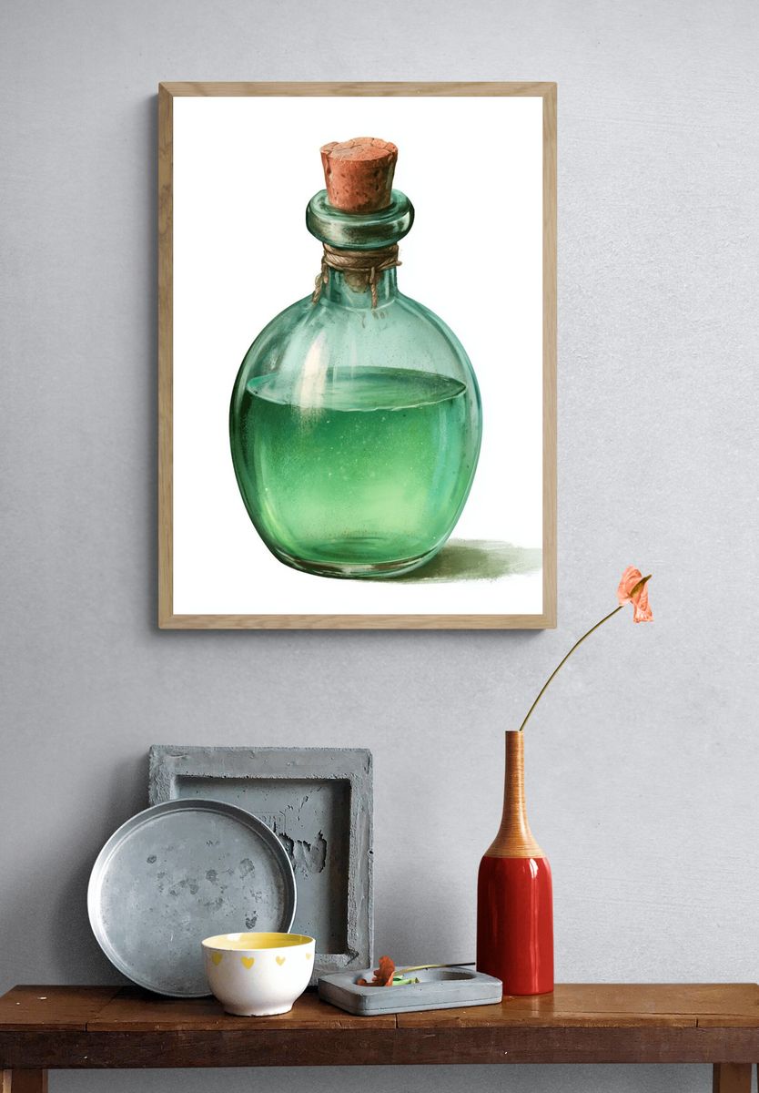 Green Glass Bottle Illustration Poster. — room view 3