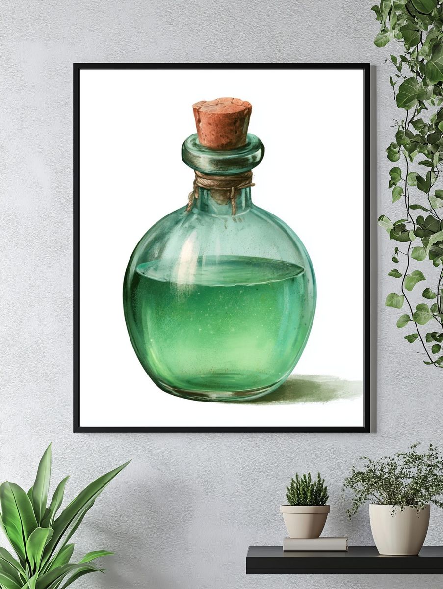 Green Glass Bottle Illustration Poster. — room view 4
