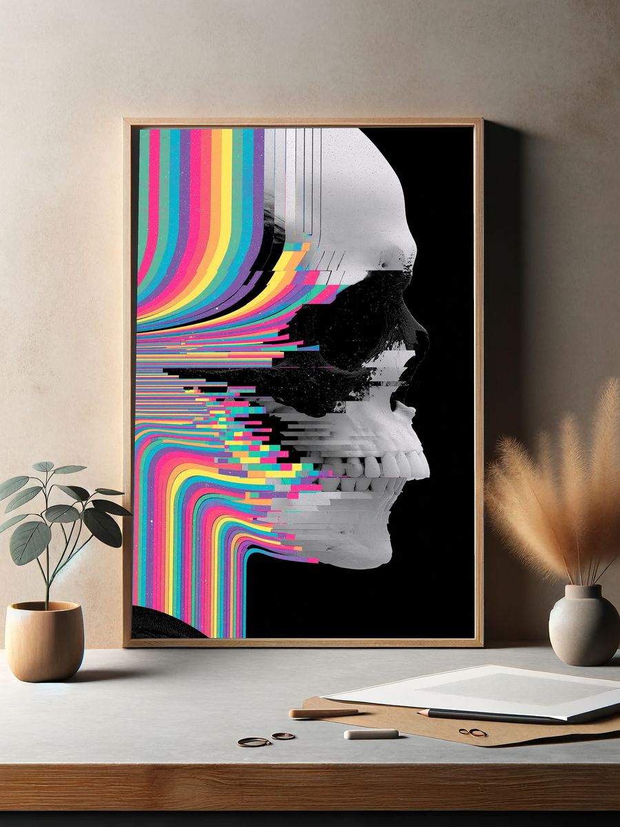 Glitch Skull Digital Art Poster. — room view 2