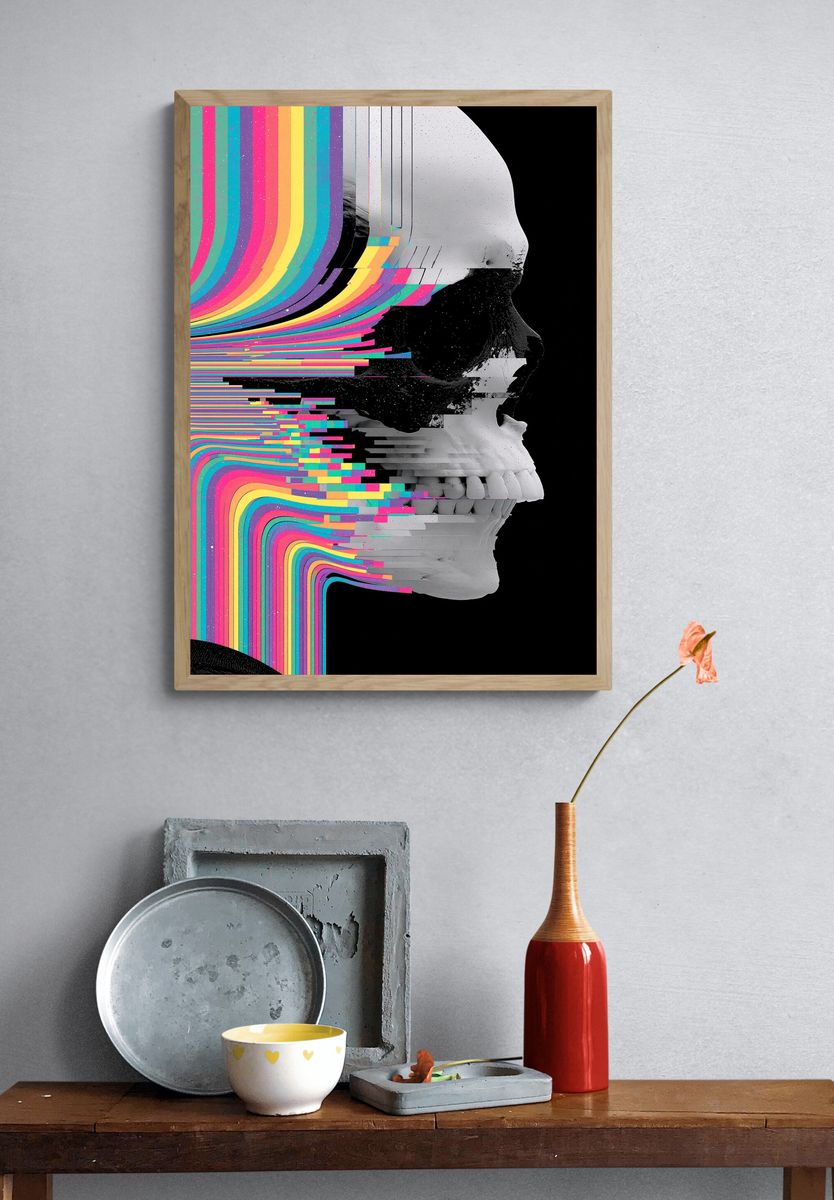 Glitch Skull Digital Art Poster. — room view 3
