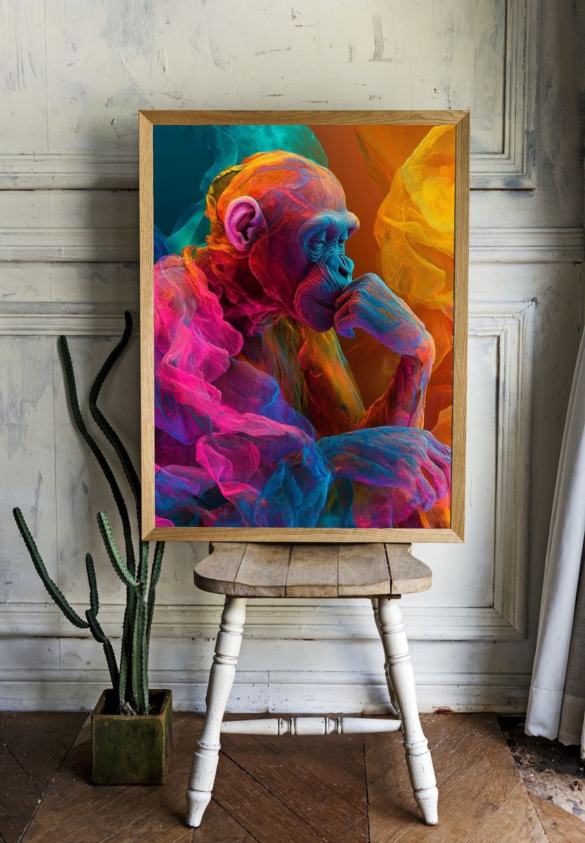 Neon Thinker Monkey Illustration Poster. — room view 1