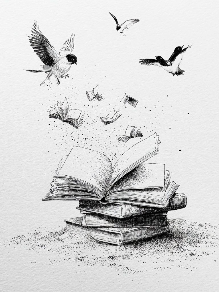 Flying Books Ink Illustration Poster. poster detail