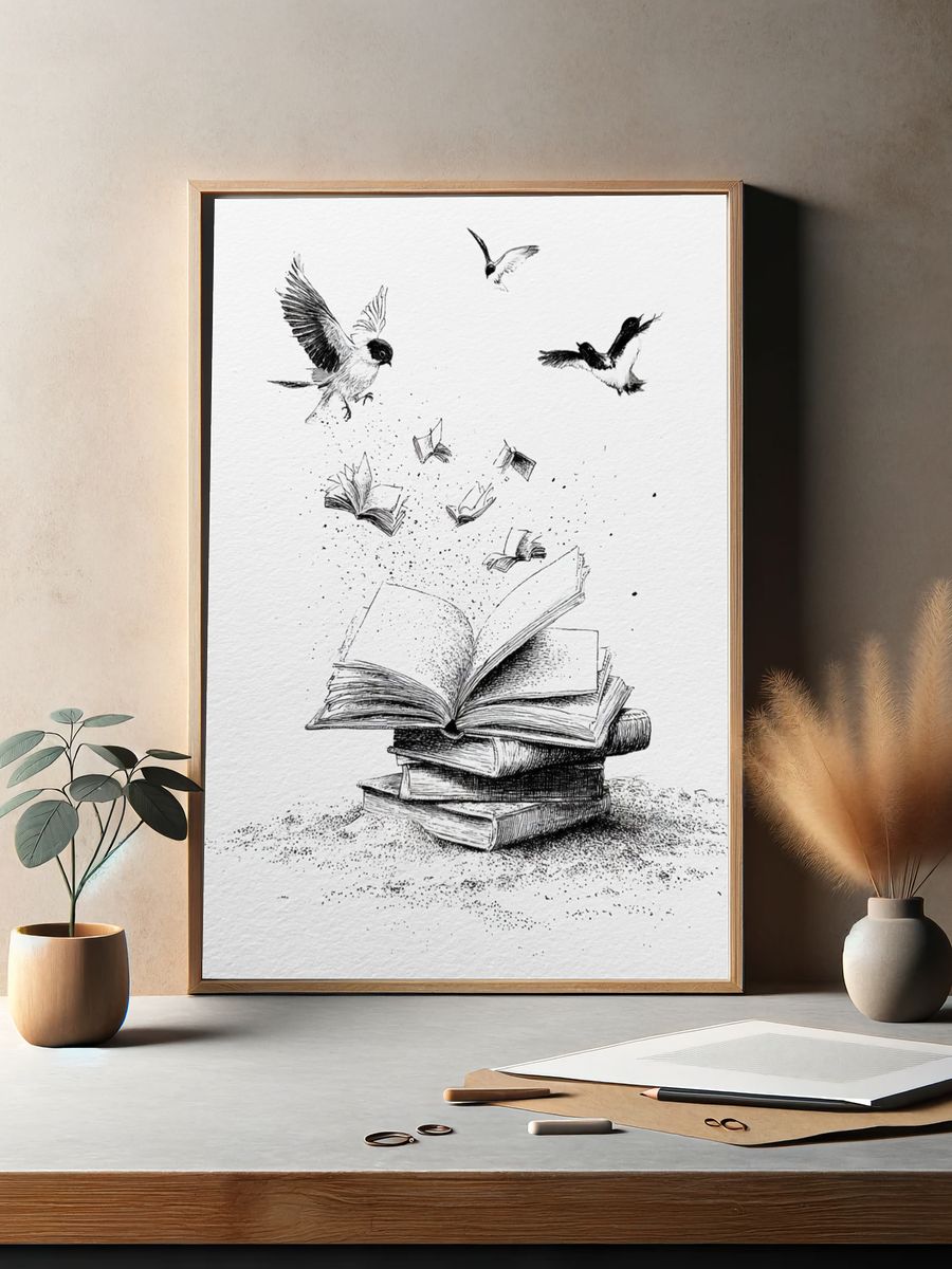 Flying Books Ink Illustration Poster. — room view 2