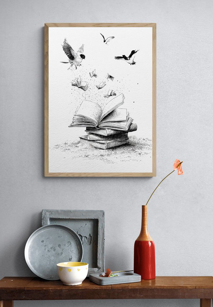 Flying Books Ink Illustration Poster. — room view 3