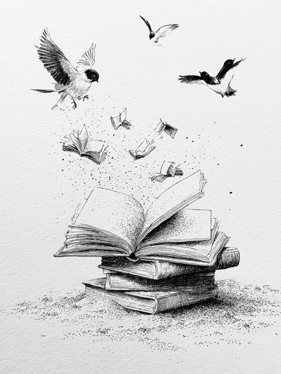 Flying Books Ink Illustration Poster. poster