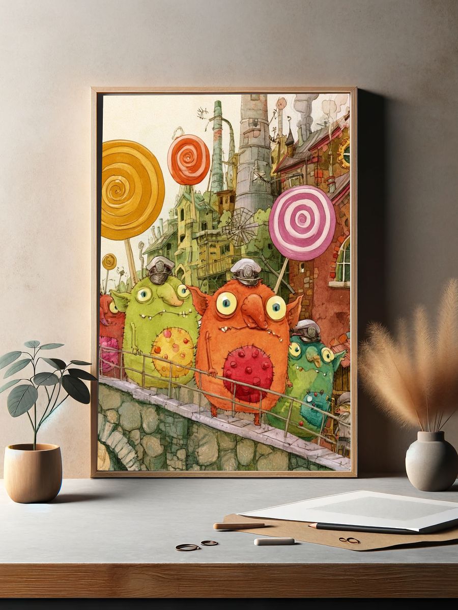 Whimsical Goblin Village Illustration Poster. — room view 2