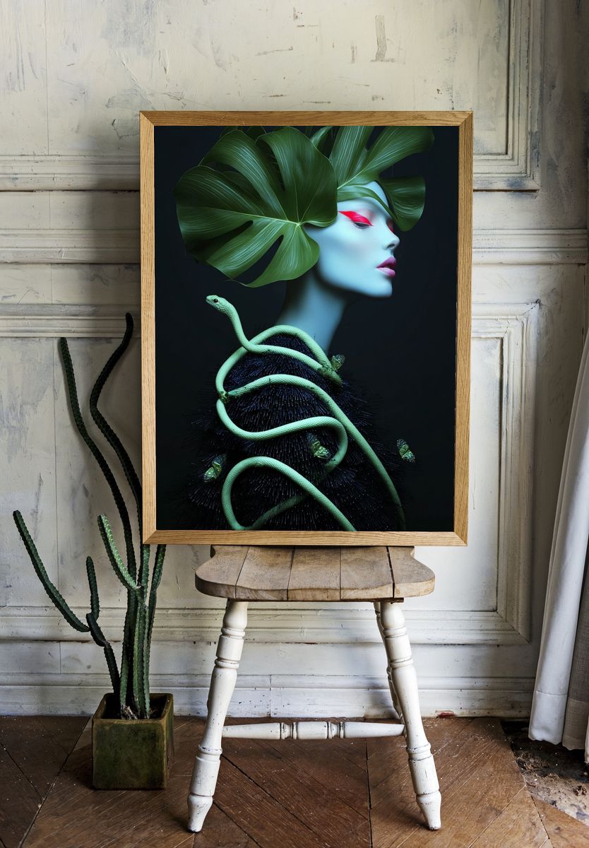 Botanical Serpent Portrait Print. room preview