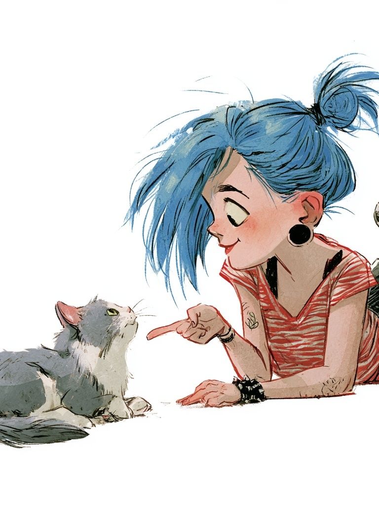Girl and Cat Watercolor Print. poster — illustration art