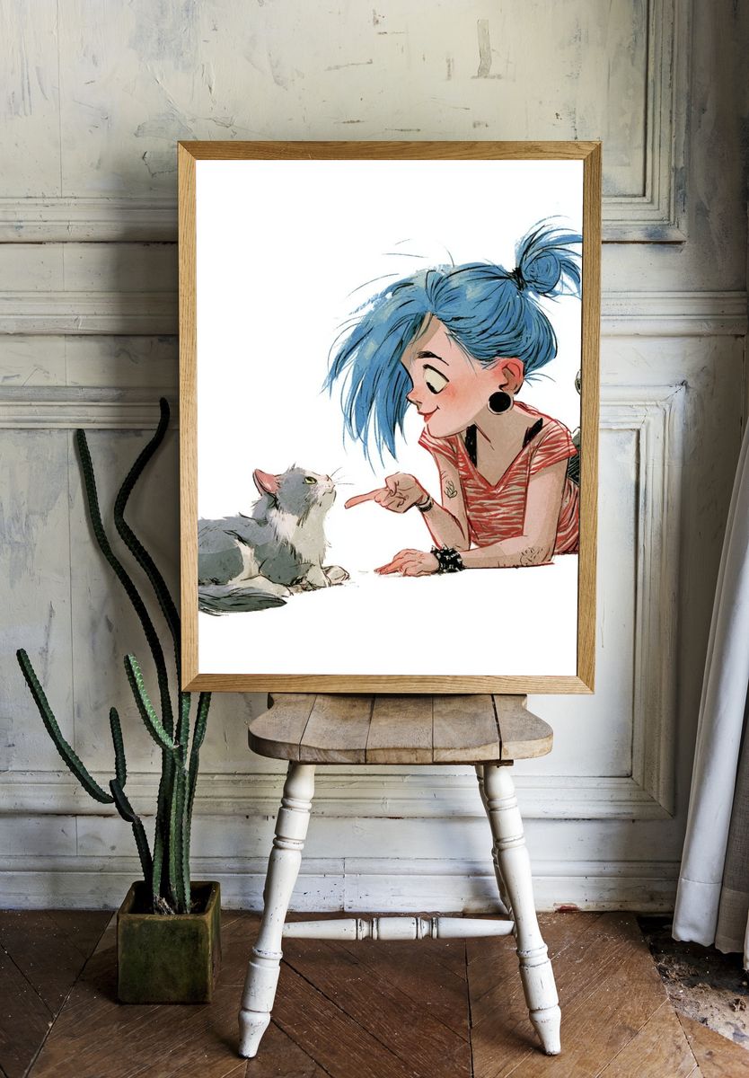 Girl and Cat Watercolor Print. room preview