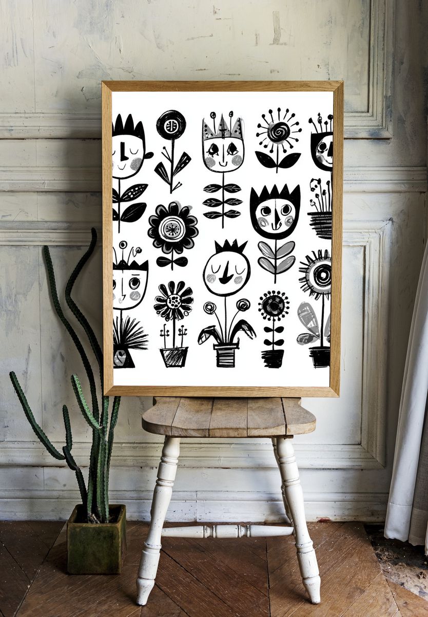 Whimsical Floral Faces Illustration Poster. — room view 1
