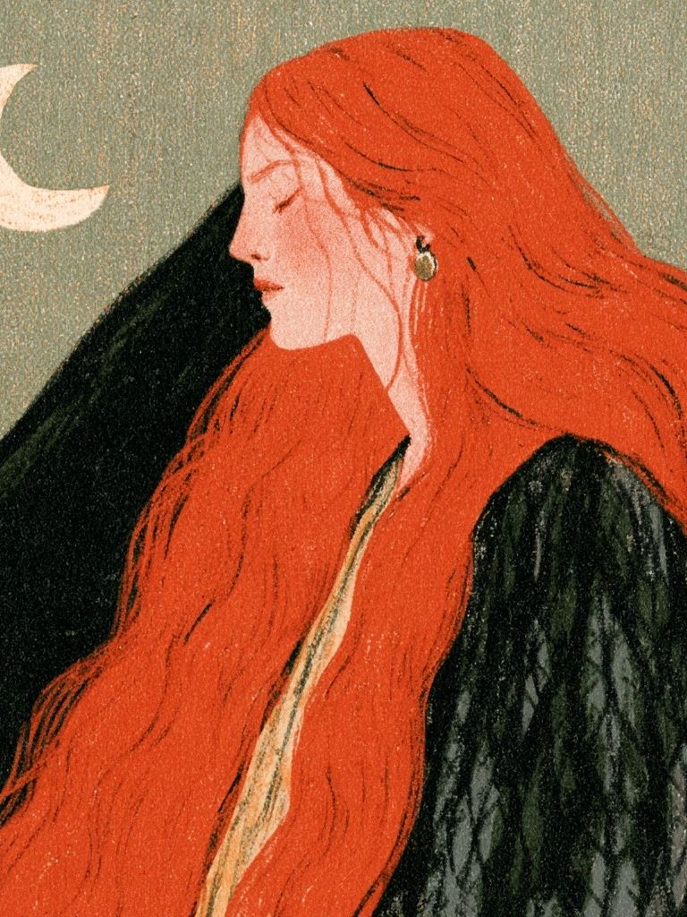 Red-Haired Moonlit Woman Illustration Poster. poster detail