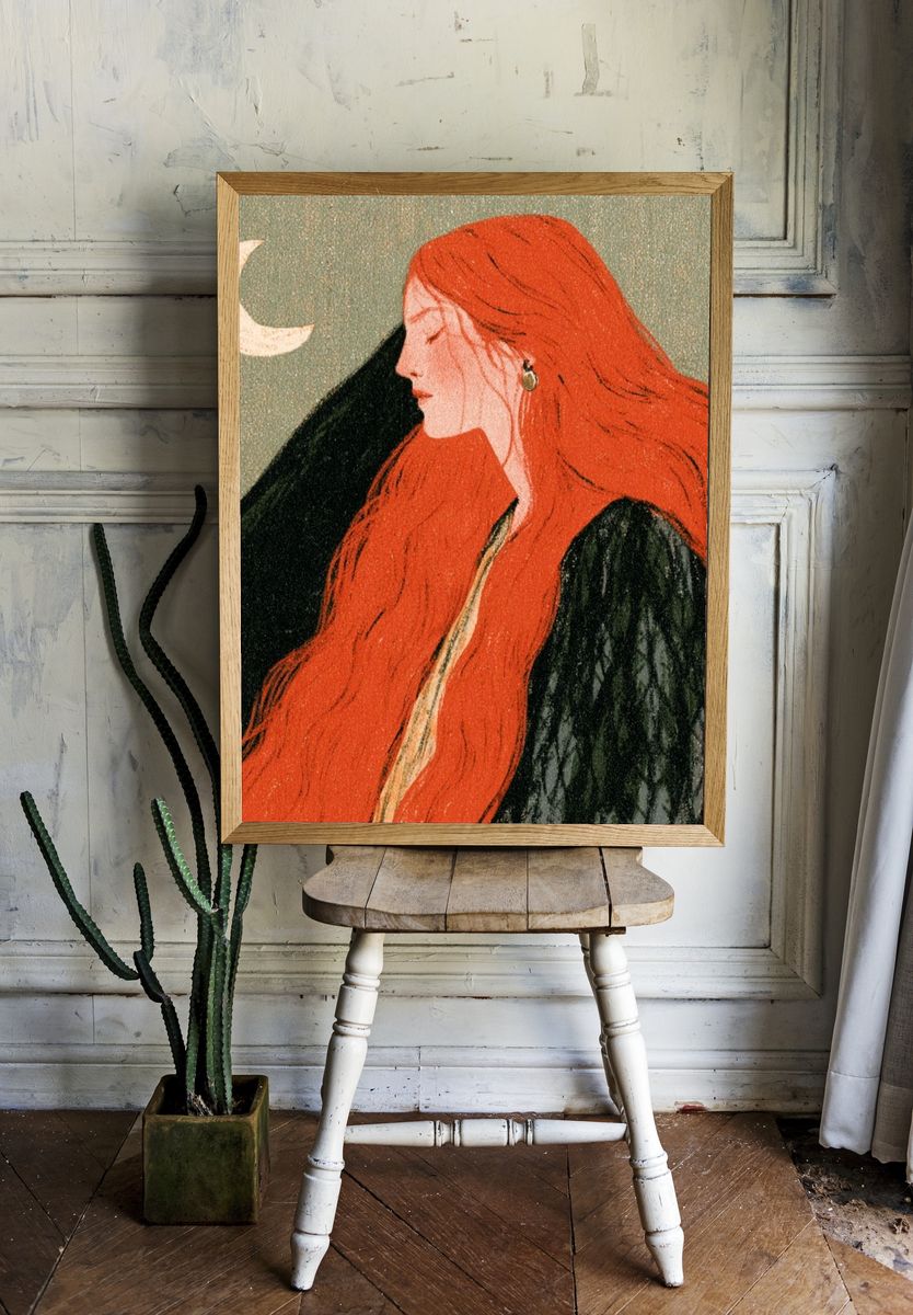 Red-Haired Moonlit Woman Illustration Poster. — room view 1