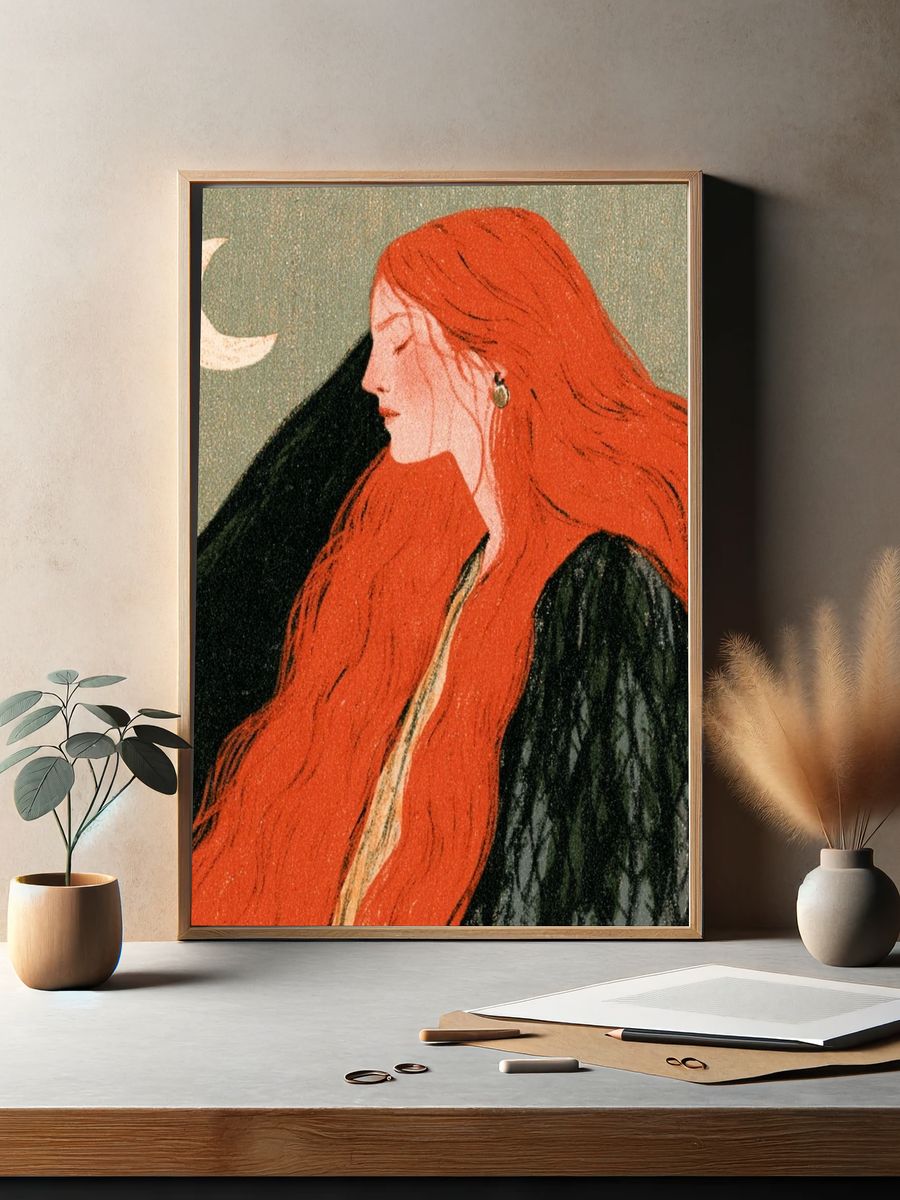 Red-Haired Moonlit Woman Illustration Poster. — room view 2
