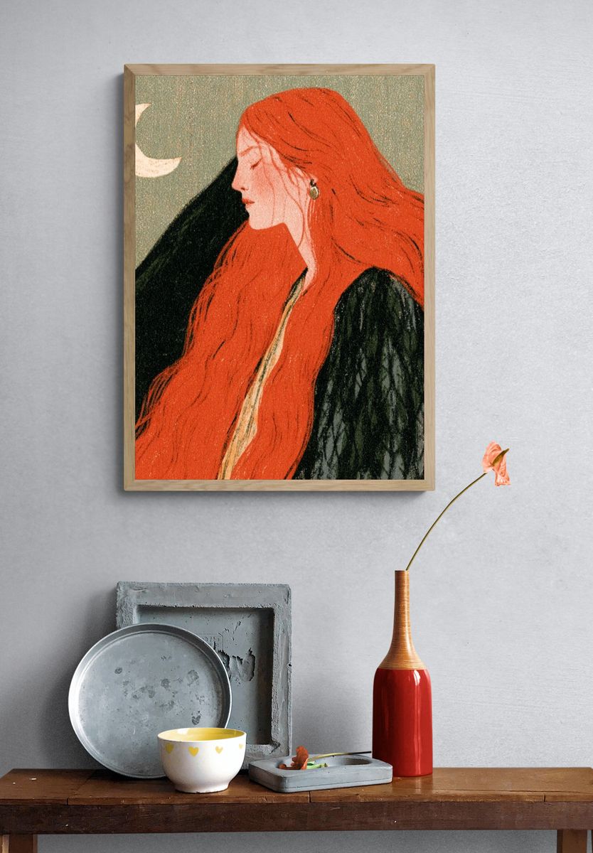 Red-Haired Moonlit Woman Illustration Poster. — room view 3