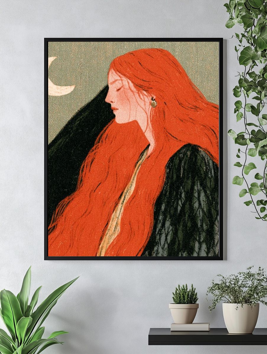 Red-Haired Moonlit Woman Illustration Poster. — room view 4