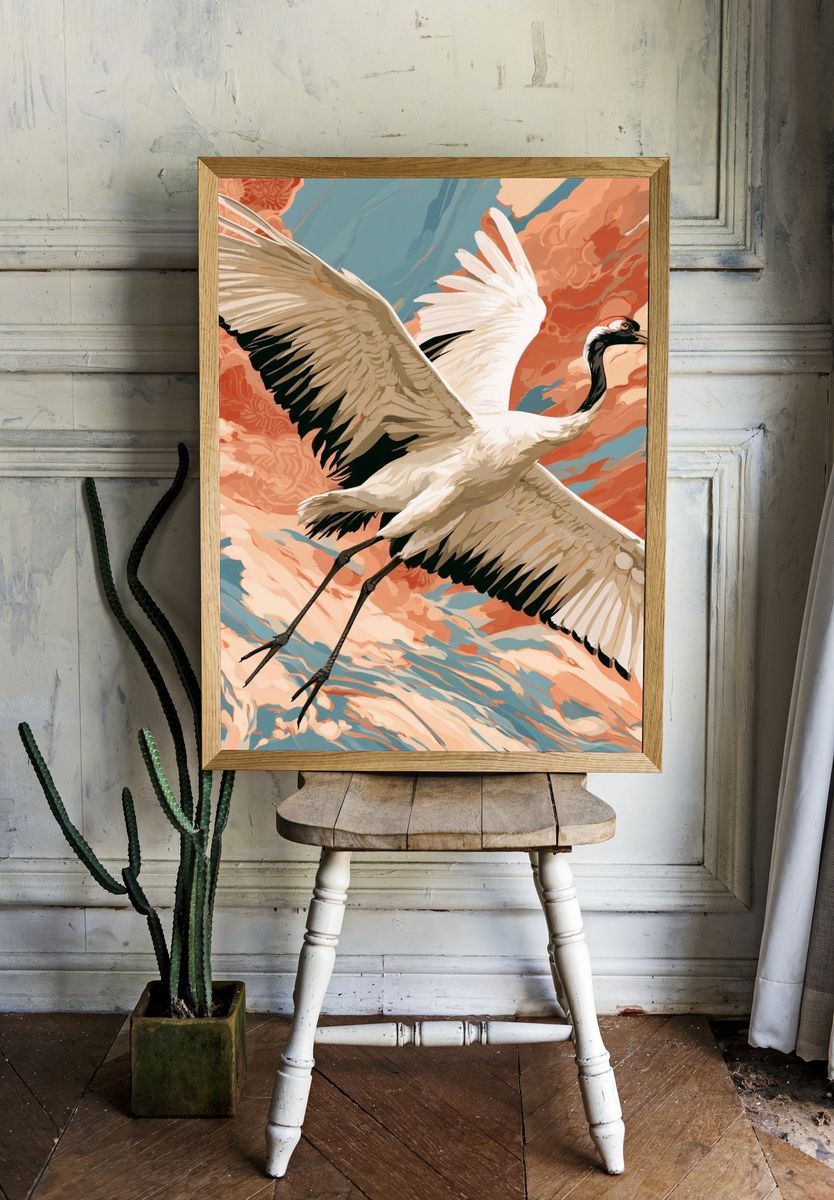 Crane in Coral Sky Illustration Poster. room preview