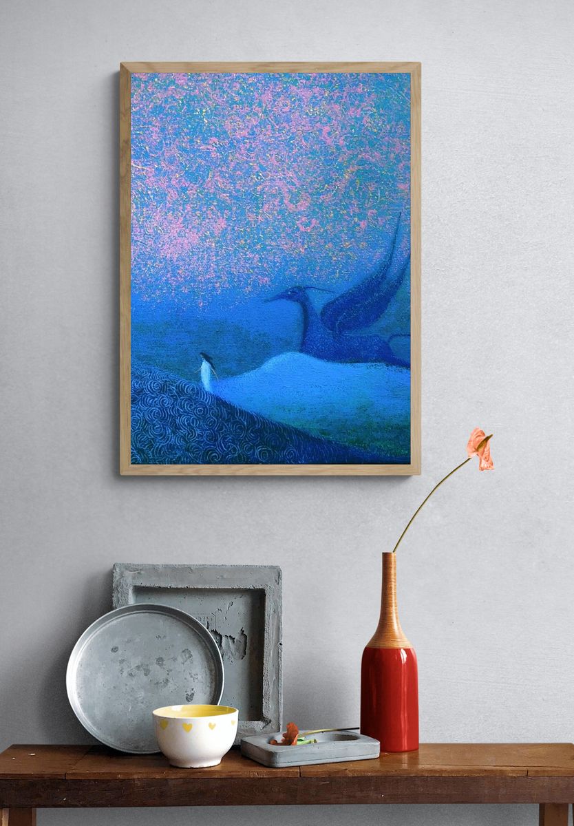 Whale and Penguin Dreamscape Print. — room view 3