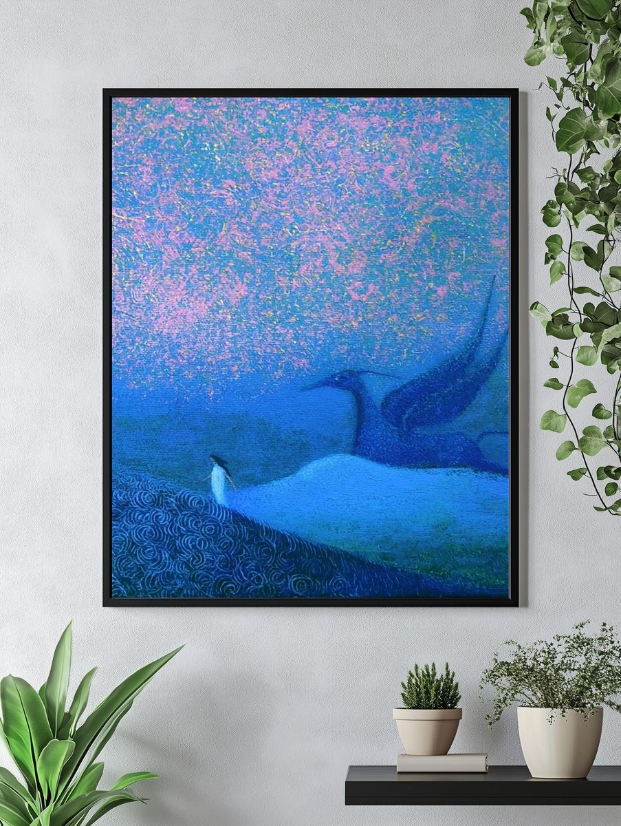 Whale and Penguin Dreamscape Print. — room view 4