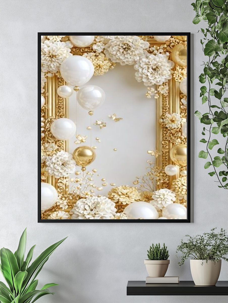 Gold Floral Balloon Frame Poster. — room view 4
